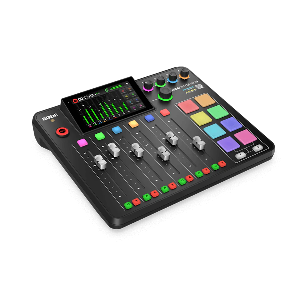 A large main feature product image of RODE RODECaster Pro II - Integrated Audio Production Studio (Black)
