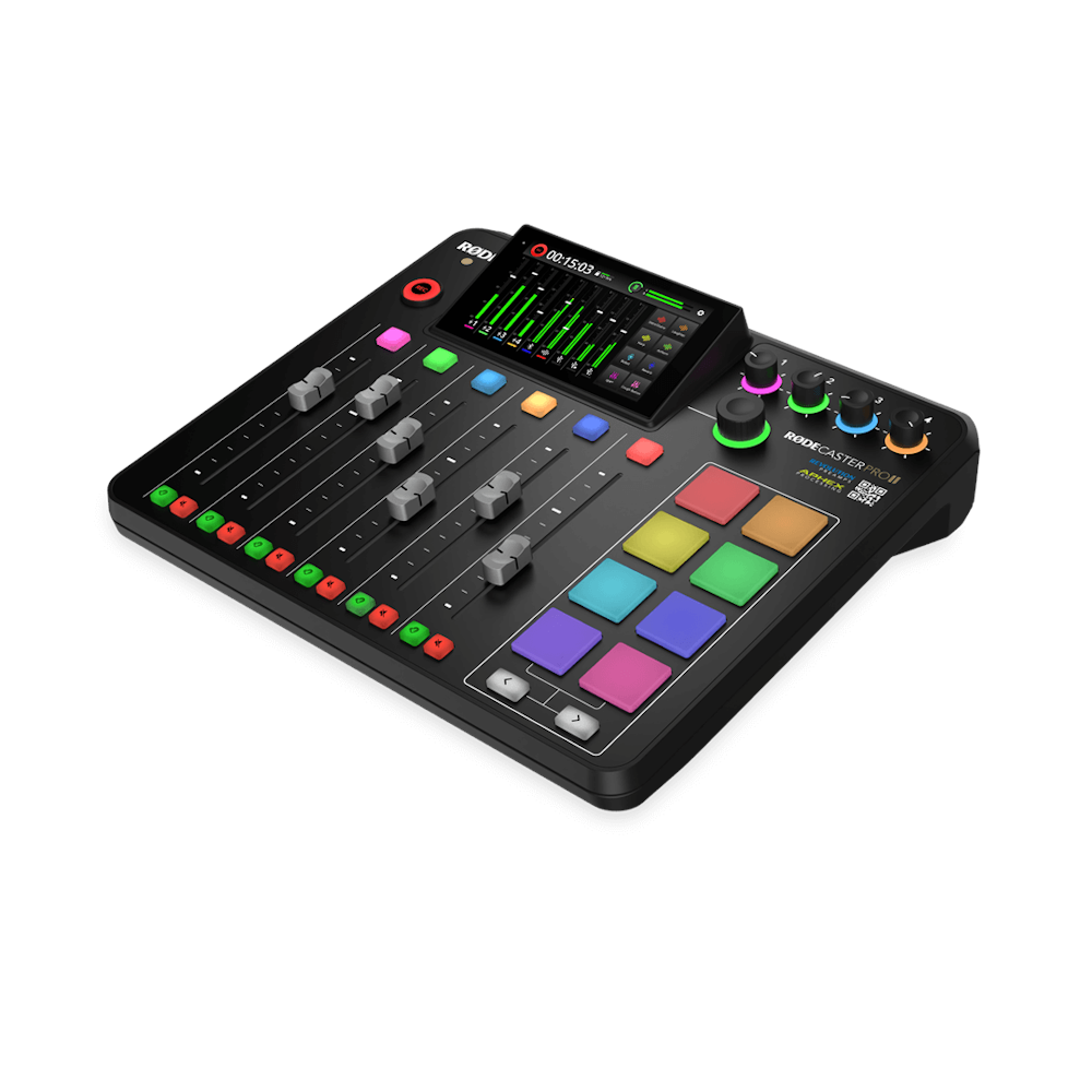 A large main feature product image of RODE RODECaster Pro II Integrated Audio Production Studio