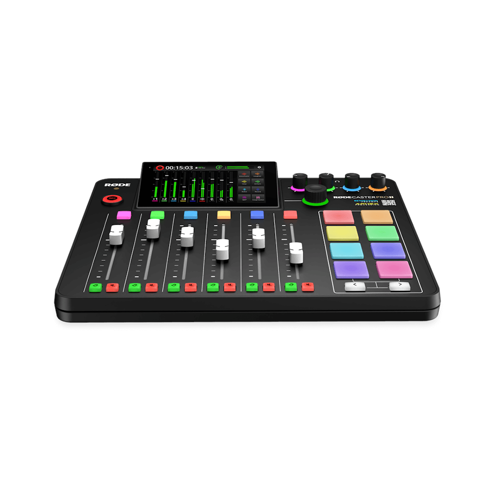 A large main feature product image of RODE RODECaster Pro II - Integrated Audio Production Studio (Black)