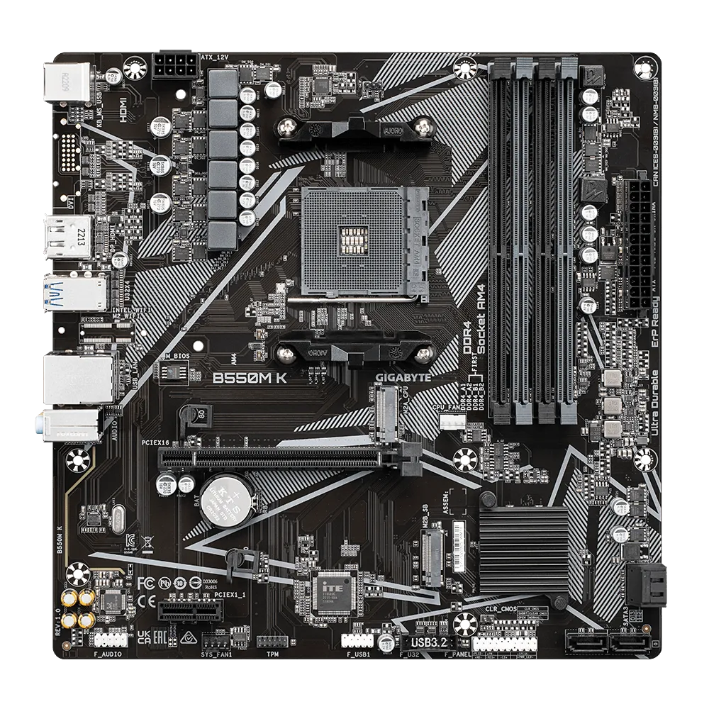 A large main feature product image of Gigabyte B550M K AM4 mATX Desktop Motherboard