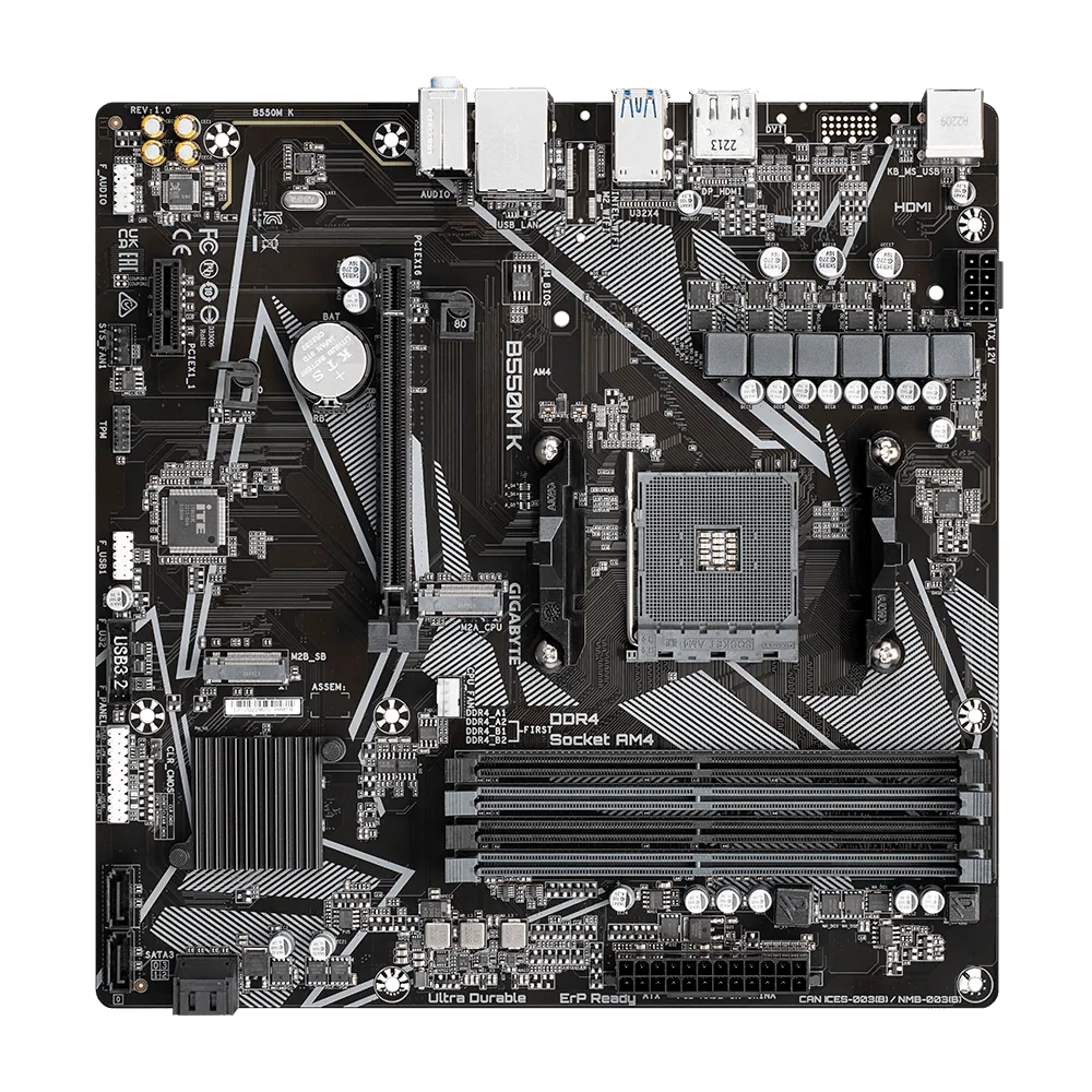 A large main feature product image of Gigabyte B550M K AM4 mATX Desktop Motherboard