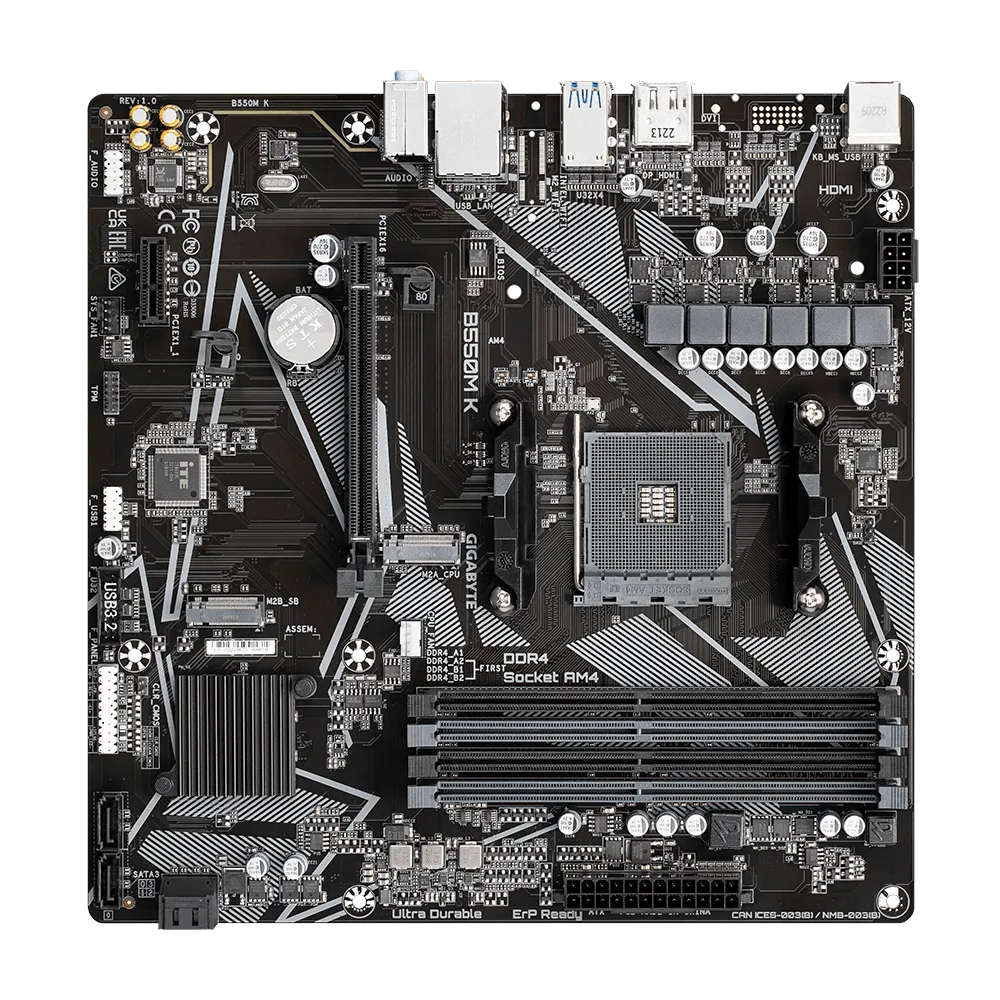 A large main feature product image of Gigabyte B550M K AM4 mATX Desktop Motherboard