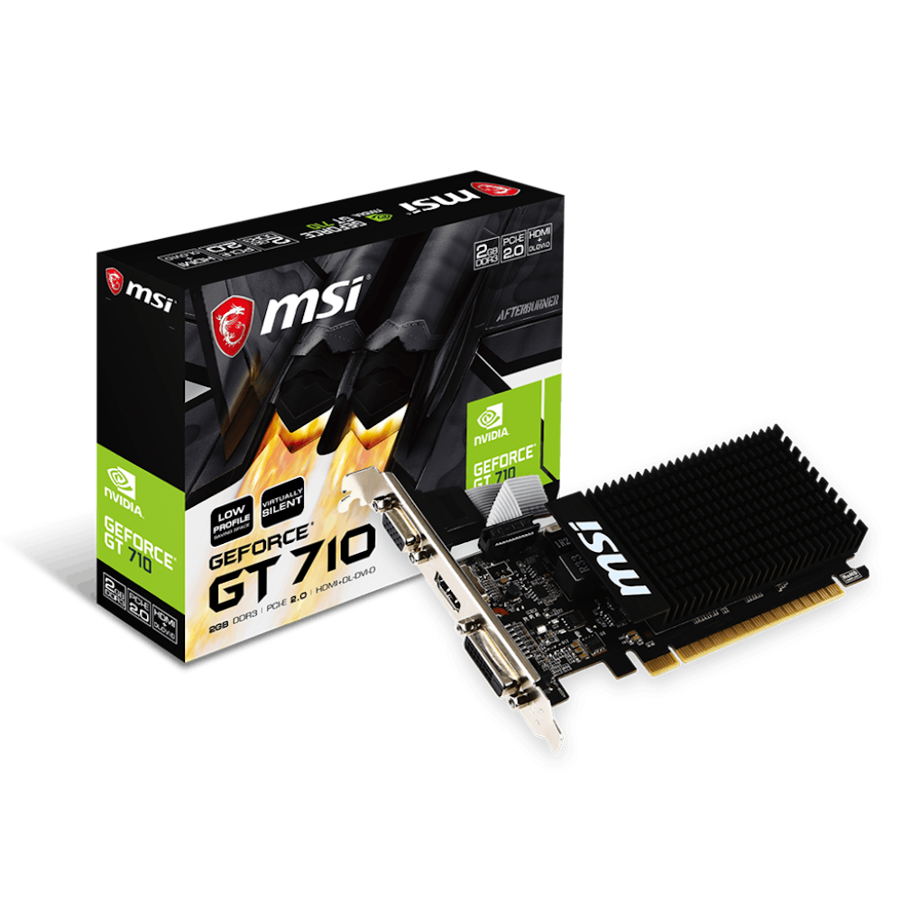 A large main feature product image of MSI GeForce GT 710 2GB DDR3