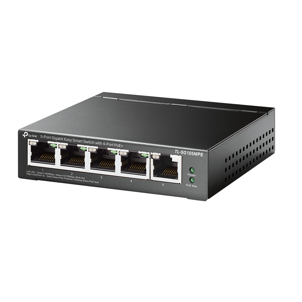 A large main feature product image of TP-Link SG105MPE - 5-Port Gigabit Easy Smart Switch with 4 Port PoE+