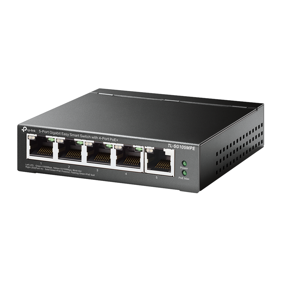 A large main feature product image of TP-Link SG105MPE - 5-Port Gigabit Easy Smart Switch with 4 Port PoE+
