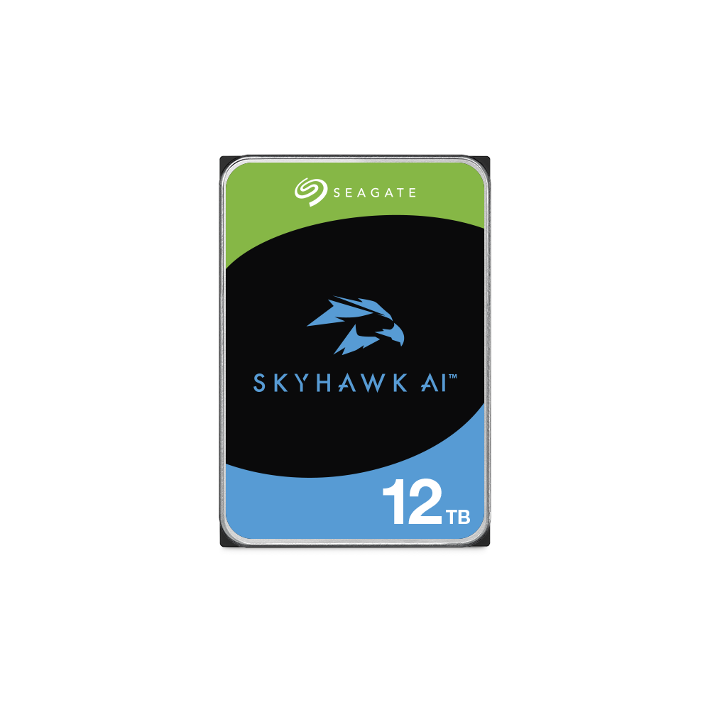A large main feature product image of Seagate SkyHawk AI 3.5" Surveillance HDD - 12TB 256MB