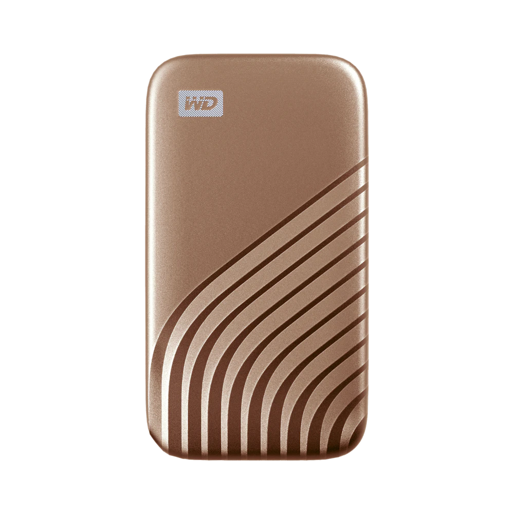 A large main feature product image of WD My Passport Portable SSD - 1TB Gold