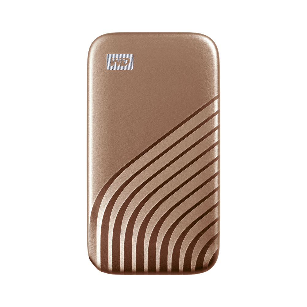 A large main feature product image of WD My Passport Portable SSD - 2TB Gold