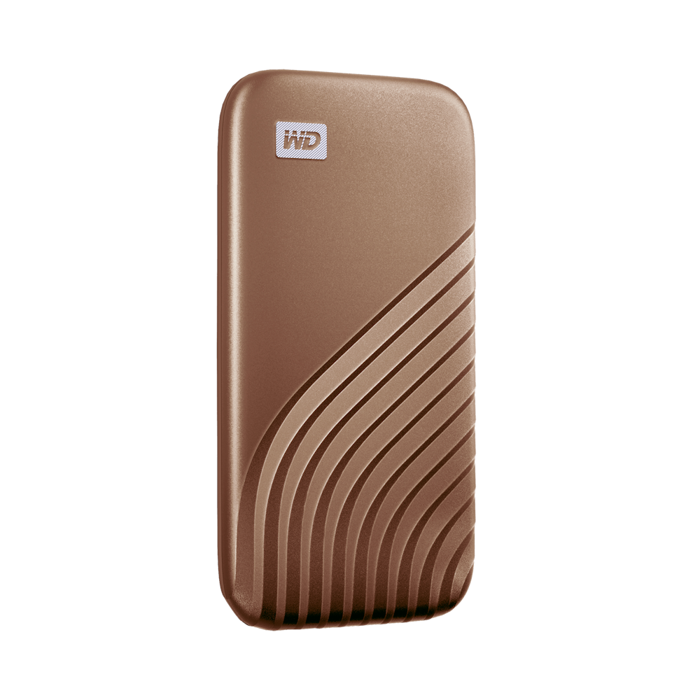 A large main feature product image of WD My Passport Portable SSD - 2TB Gold