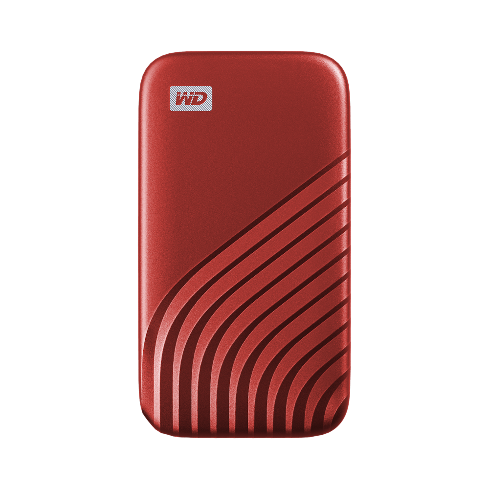 A large main feature product image of WD My Passport Portable SSD - 500GB Red