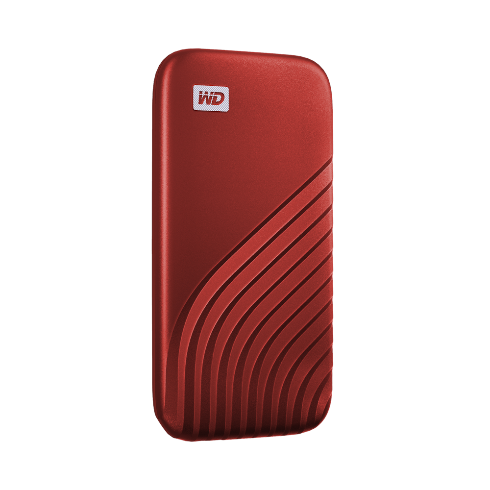 A large main feature product image of WD My Passport Portable SSD - 500GB Red
