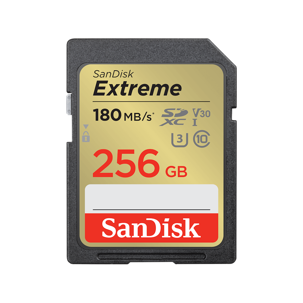 A large main feature product image of SanDisk Extreme 256GB UHS-I SD Card