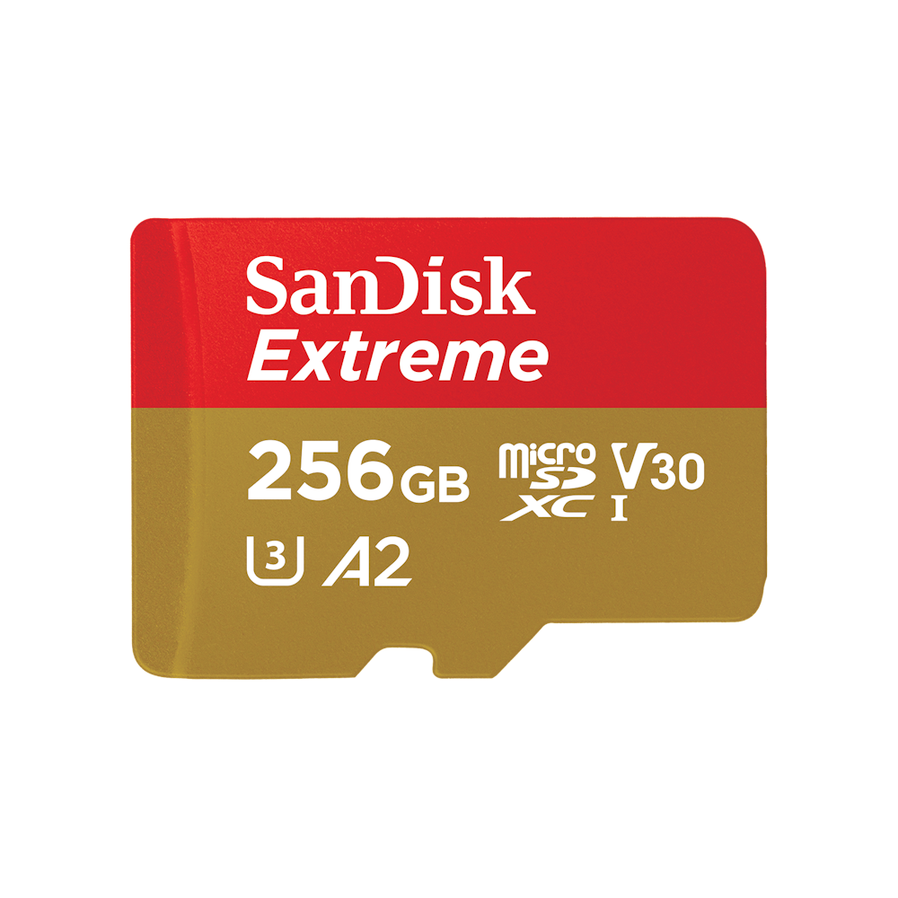 A large main feature product image of SanDisk Extreme 256GB MicroSDXC UHS-I Card