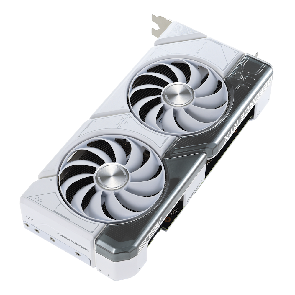 A large main feature product image of ASUS GeForce RTX 4070 Dual OC 12GB GDDR6X - White