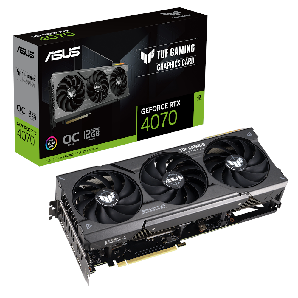 A large main feature product image of ASUS GeForce RTX 4070 TUF Gaming OC 12GB GDDR6X