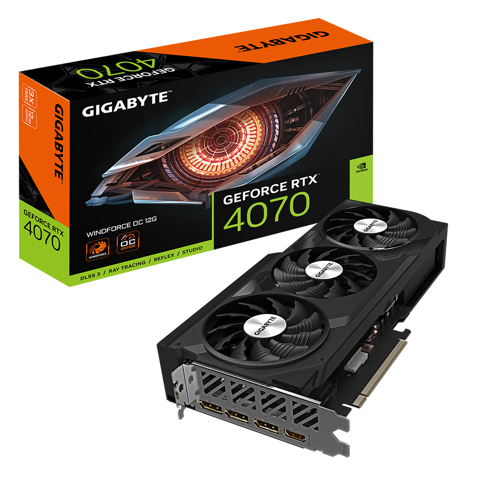 A large main feature product image of Gigabyte GeForce RTX 4070 Windforce OC 12GB GDDR6X