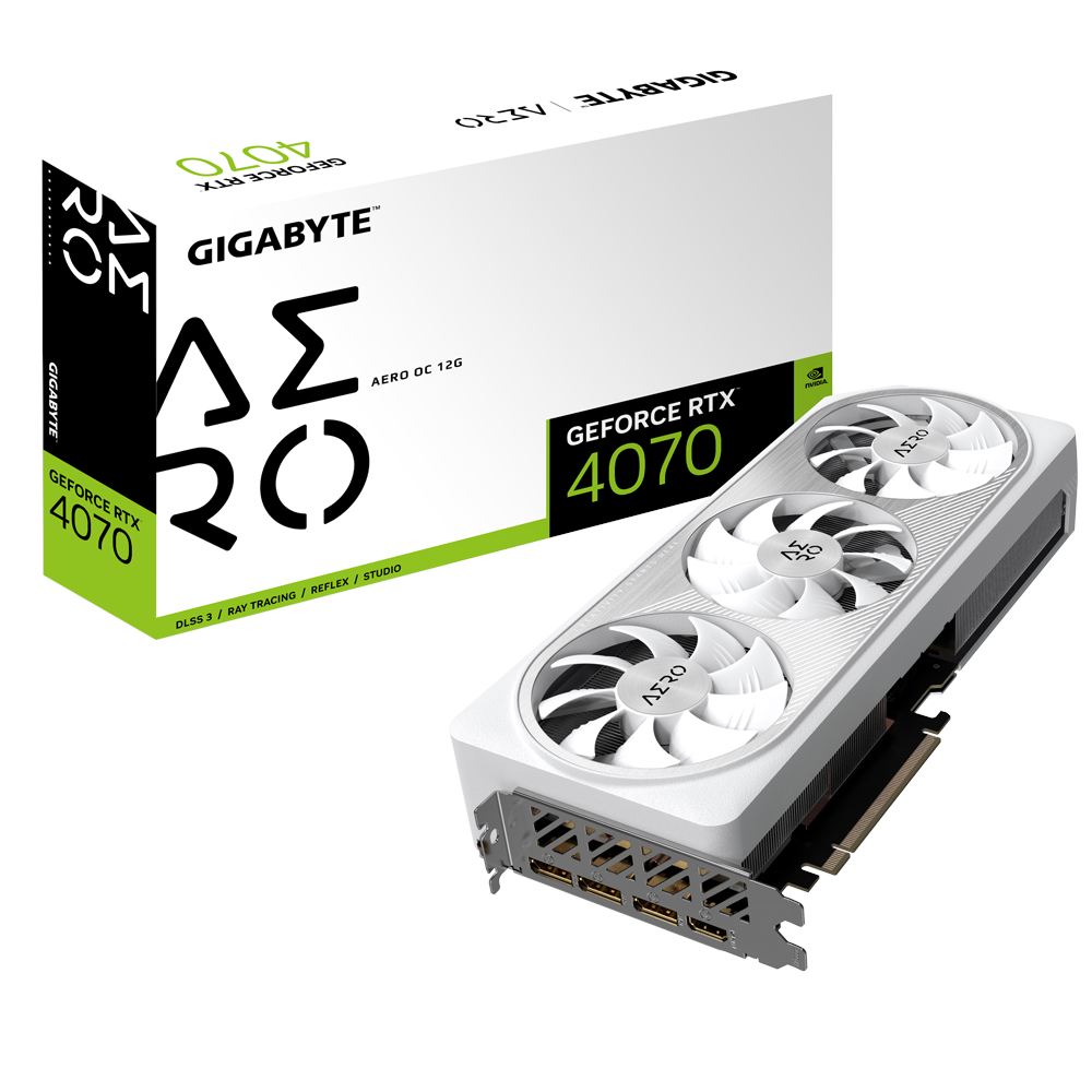 A large main feature product image of Gigabyte GeForce RTX 4070 Aero OC 12GB GDDR6X