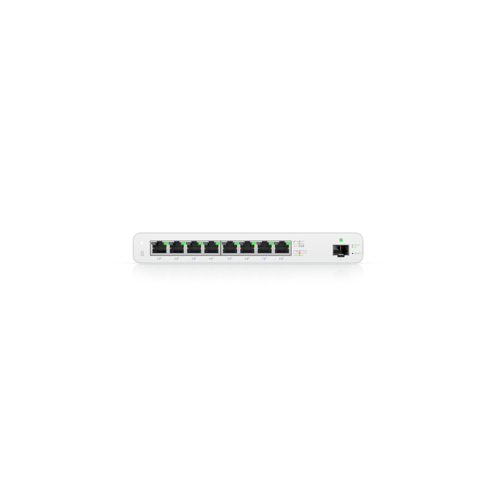 A large main feature product image of Ubiquiti UISP 8-Port GbE Switch