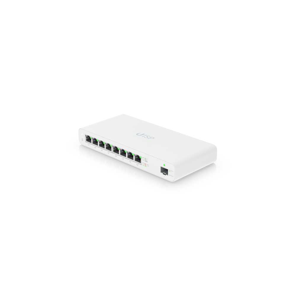 A large main feature product image of Ubiquiti UISP 8-Port GbE Switch
