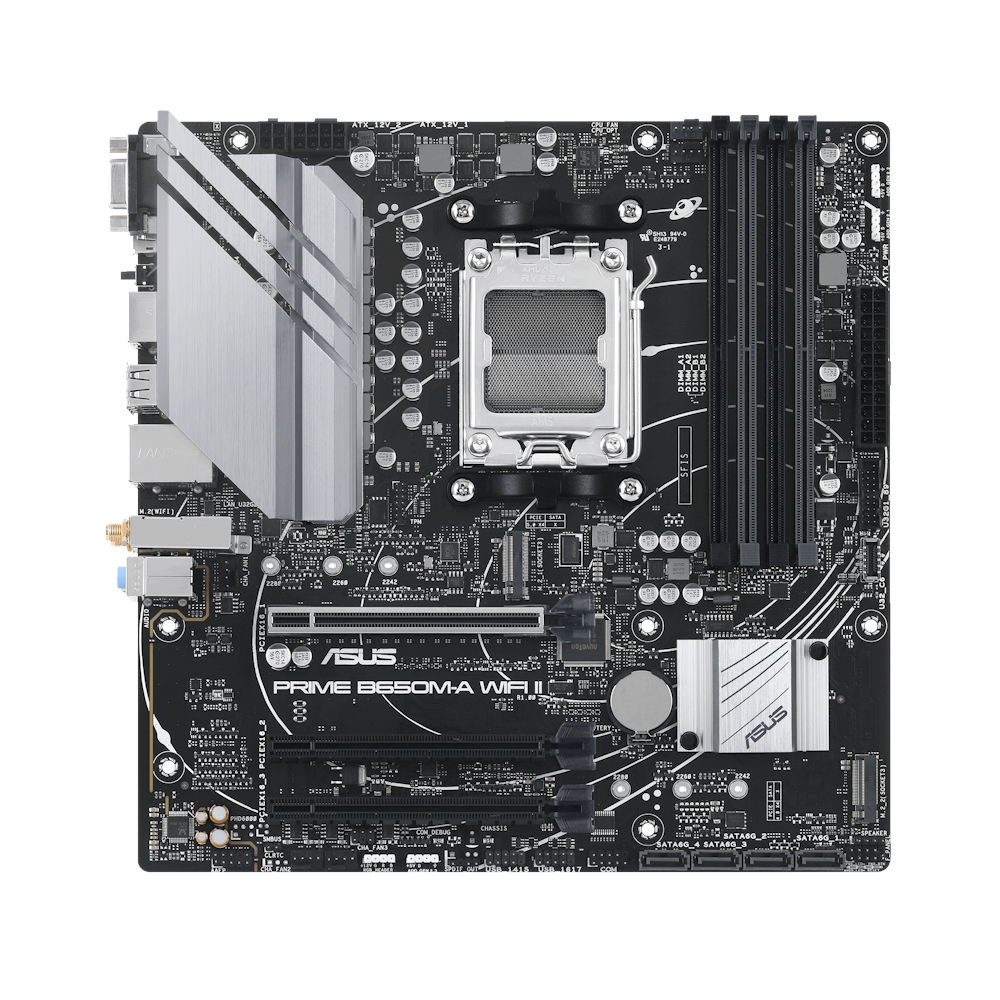 A large main feature product image of ASUS PRIME B650M-A WiFi II AM5 mATX Desktop Motherboard