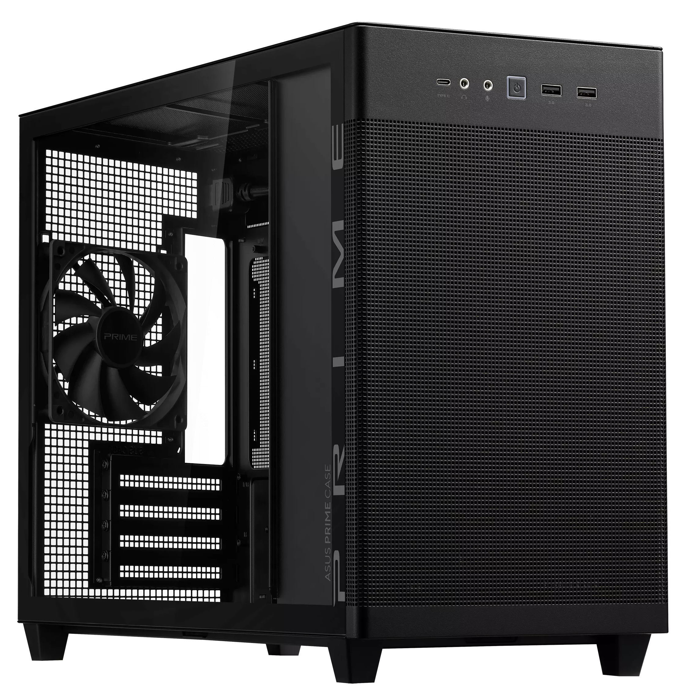 A large main feature product image of ASUS PRIME AP201 TG Micro Tower Case - Black