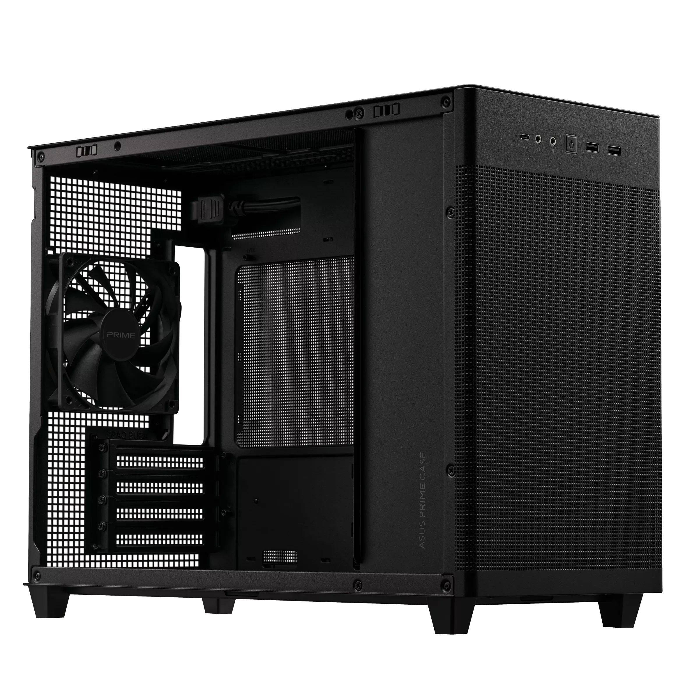 A large main feature product image of ASUS PRIME AP201 TG Micro Tower Case - Black