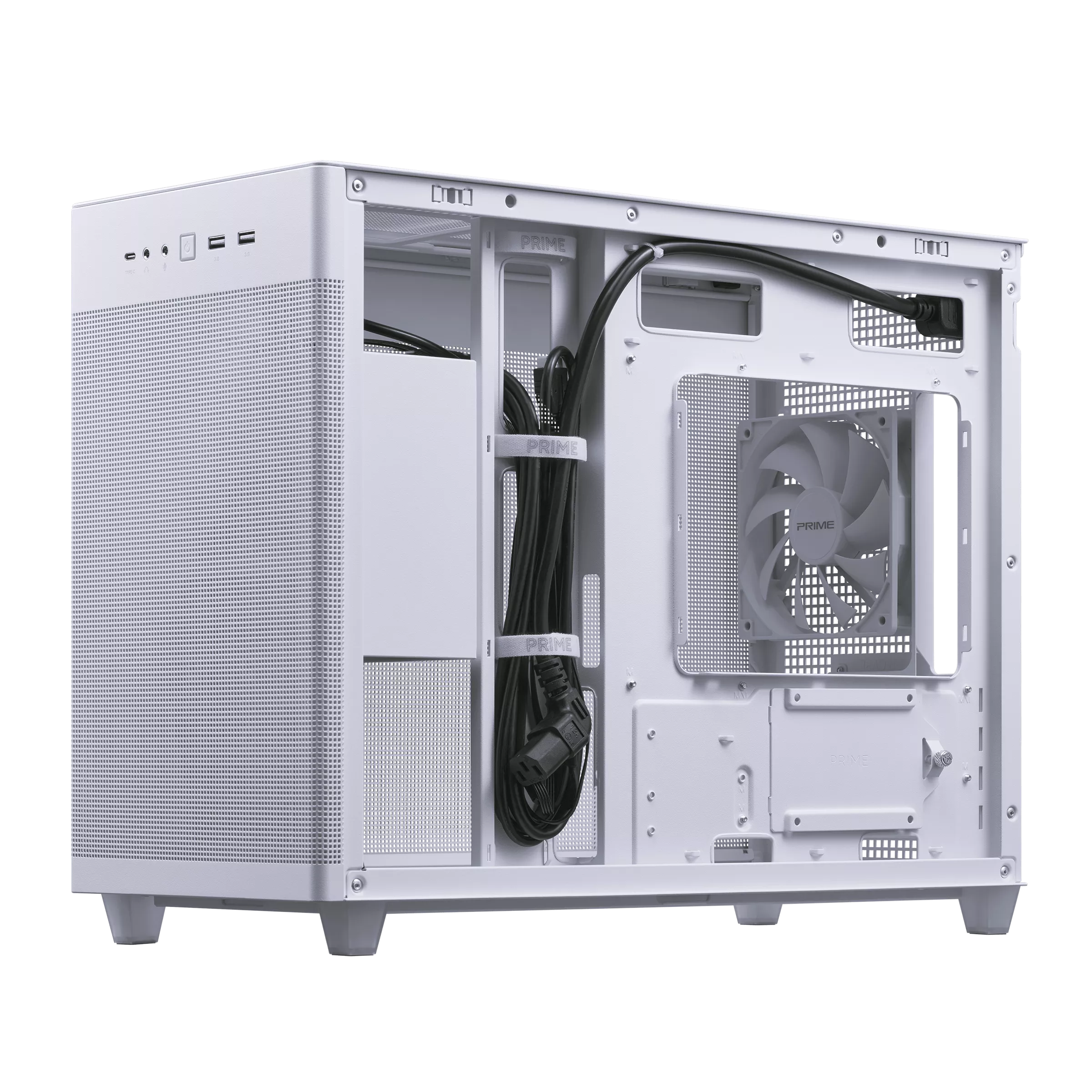 A large main feature product image of ASUS PRIME AP201 TG Micro Tower Case - White