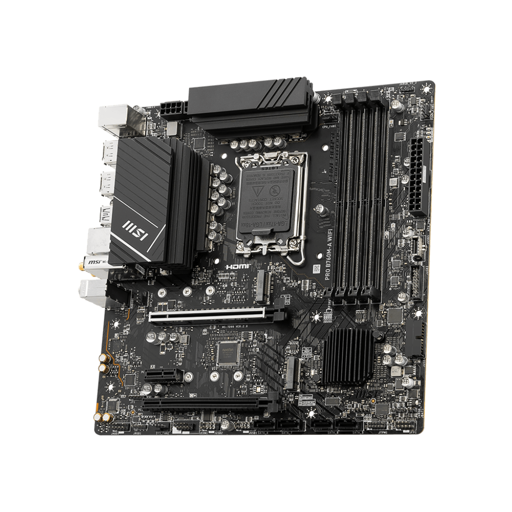 A large main feature product image of MSI PRO B760M-A WiFi LGA1700 mATX Desktop Motherboard