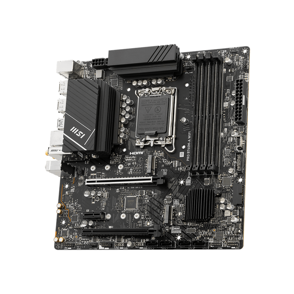 A large main feature product image of MSI PRO B760M-A WiFi LGA1700 mATX Desktop Motherboard