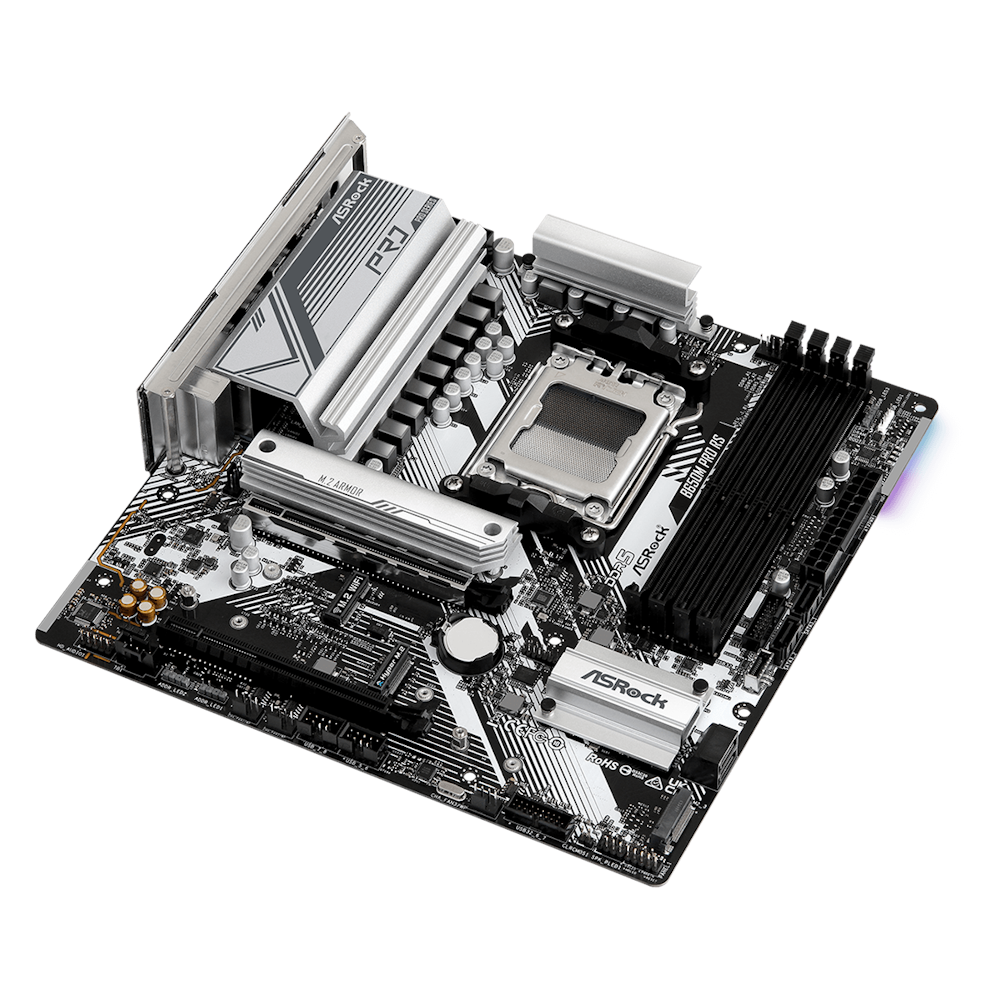 A large main feature product image of ASRock B650M Pro RS AM5 mATX Desktop Motherboard