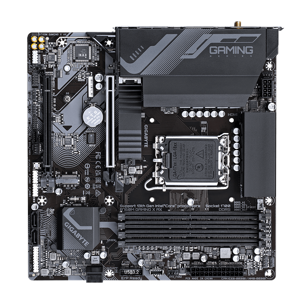 A large main feature product image of Gigabyte B760M Gaming X AX LGA1700 mATX Desktop Motherboard