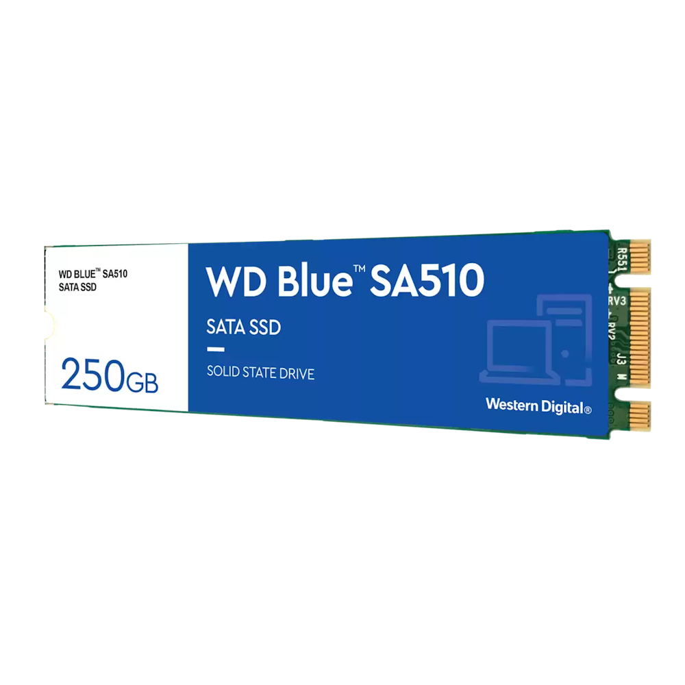 A large main feature product image of WD Blue SA510 SATA III M.2 SSD - 250GB