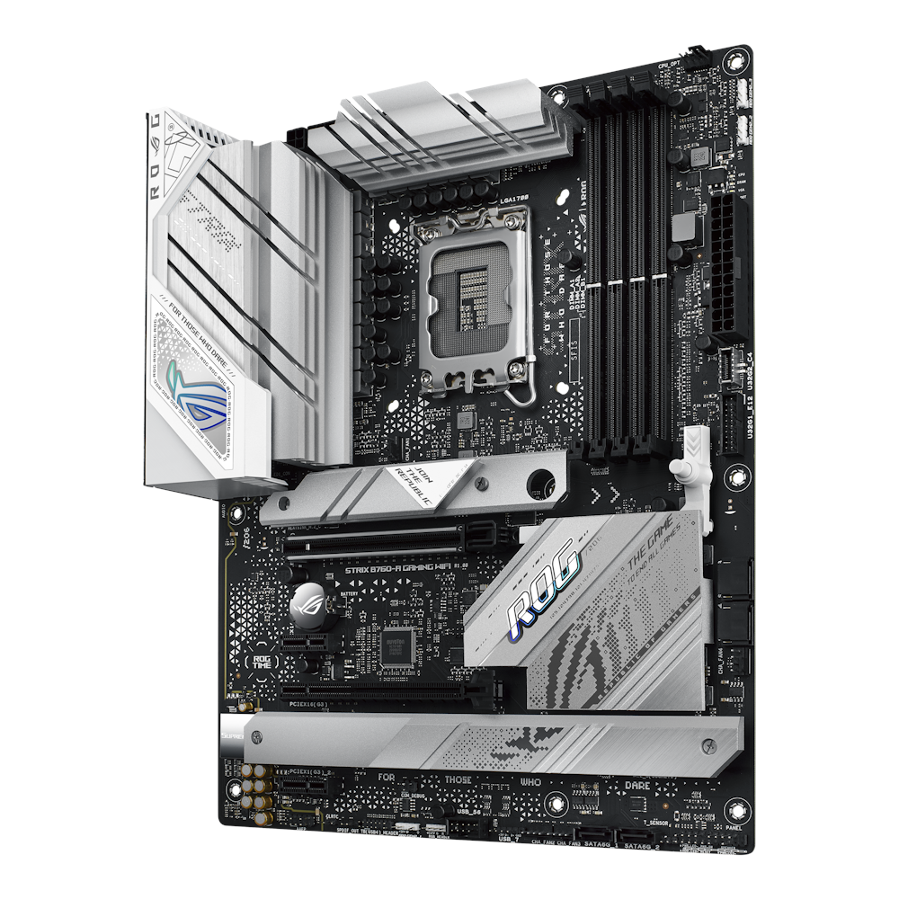 A large main feature product image of ASUS ROG Strix B760-A Gaming WiFi LGA1700 ATX Desktop Motherboard