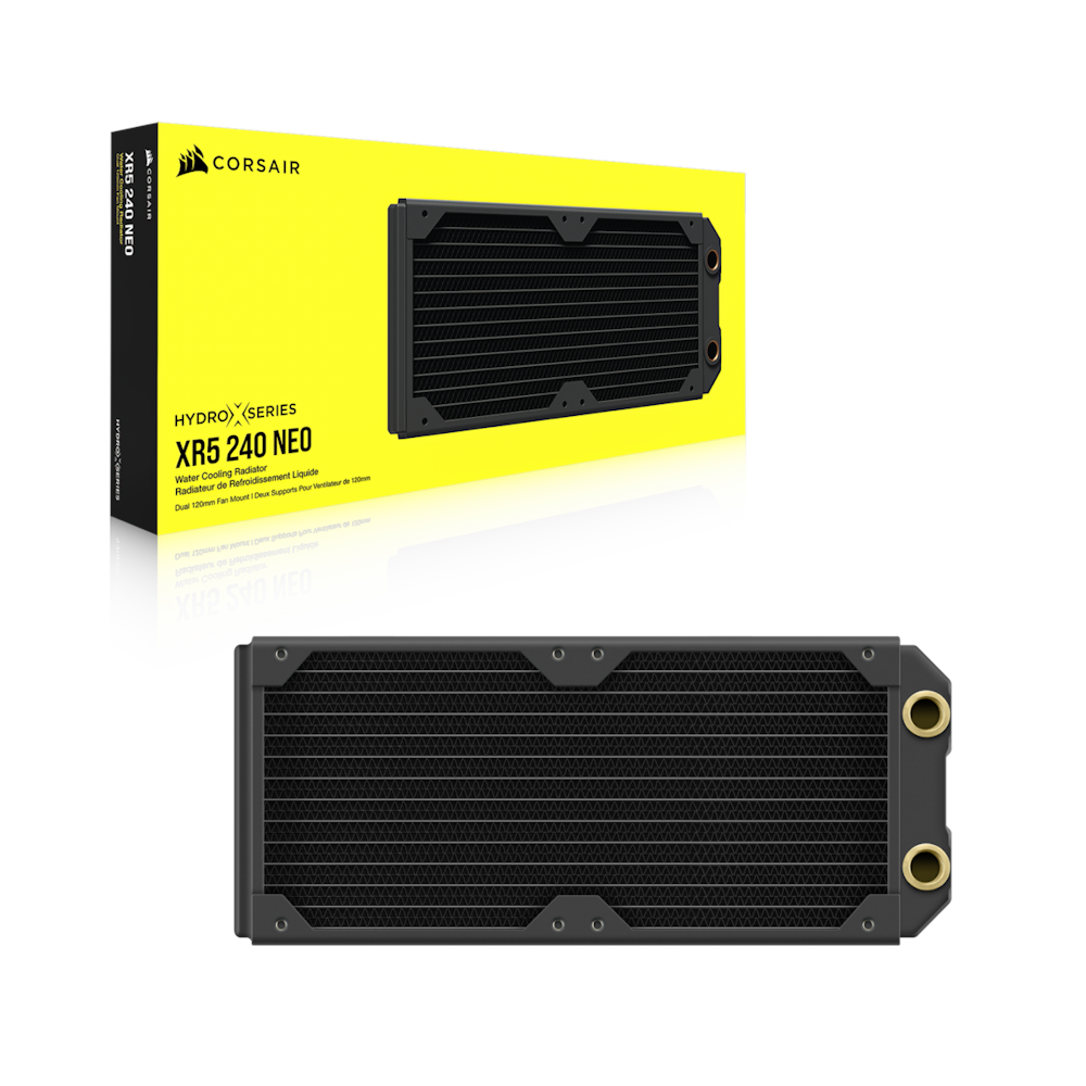 A large main feature product image of Corsair Hydro X Series XR5 NEO 240mm Water Cooling Radiator