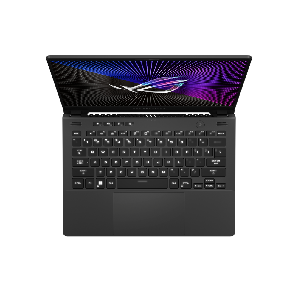 A large main feature product image of ASUS ROG Zephyrus G14 GA402NJ-L4034W 14" 144Hz Ryzen 7 7735HS RTX 3050 Win 11 Gaming Notebook