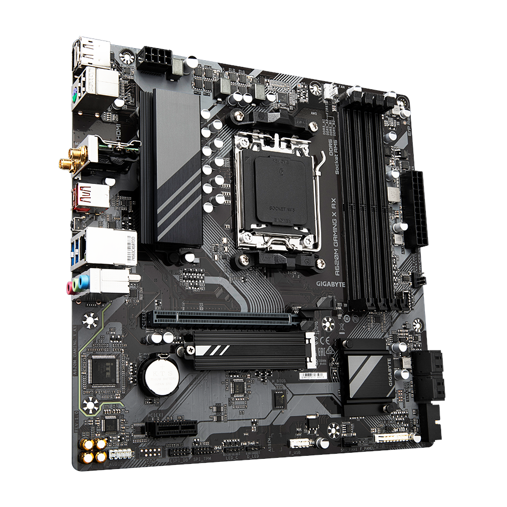 A large main feature product image of Gigabyte A620M GAMING X AX AM5 mATX Desktop Motherboard
