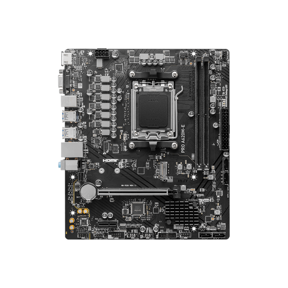 A large main feature product image of MSI PRO A620M-E AM5 mATX Desktop Motherboard