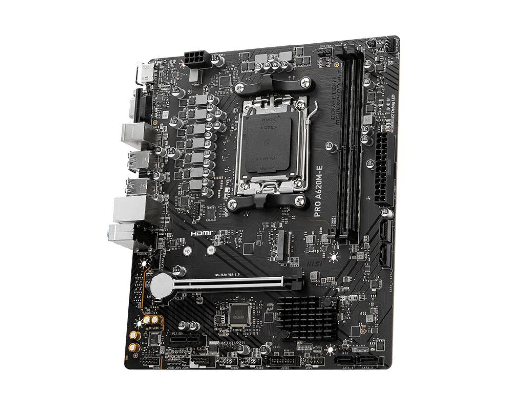 A large main feature product image of MSI PRO A620M-E AM5 mATX Desktop Motherboard
