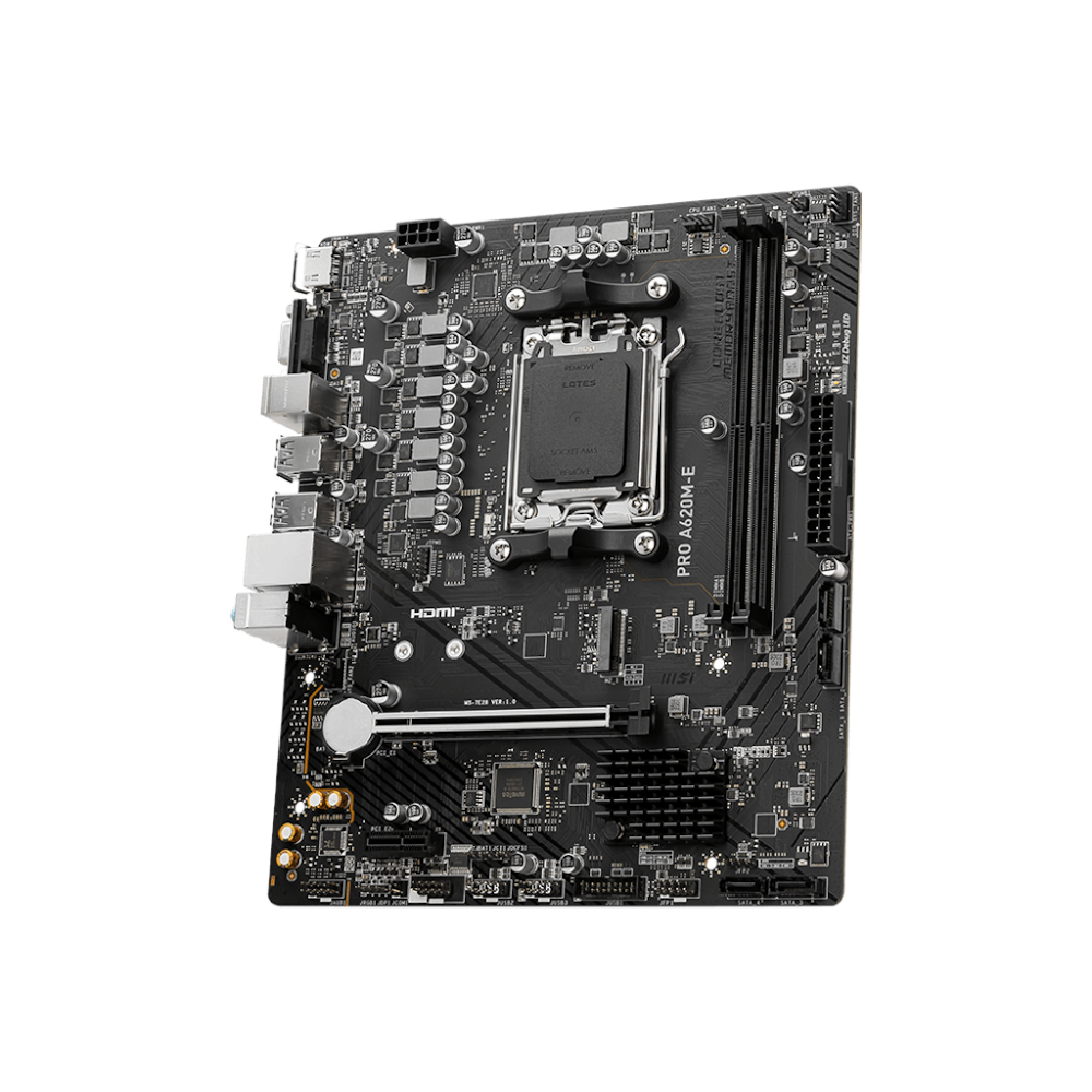 A large main feature product image of MSI PRO A620M-E AM5 mATX Desktop Motherboard