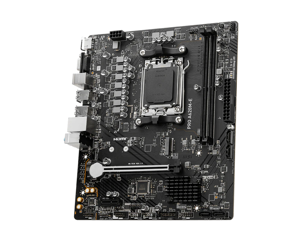 A large main feature product image of MSI PRO A620M-E AM5 mATX Desktop Motherboard