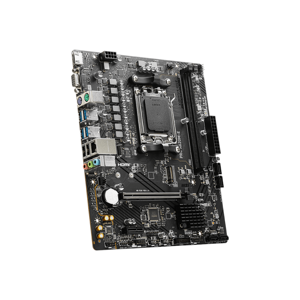 A large main feature product image of MSI PRO A620M-E AM5 mATX Desktop Motherboard