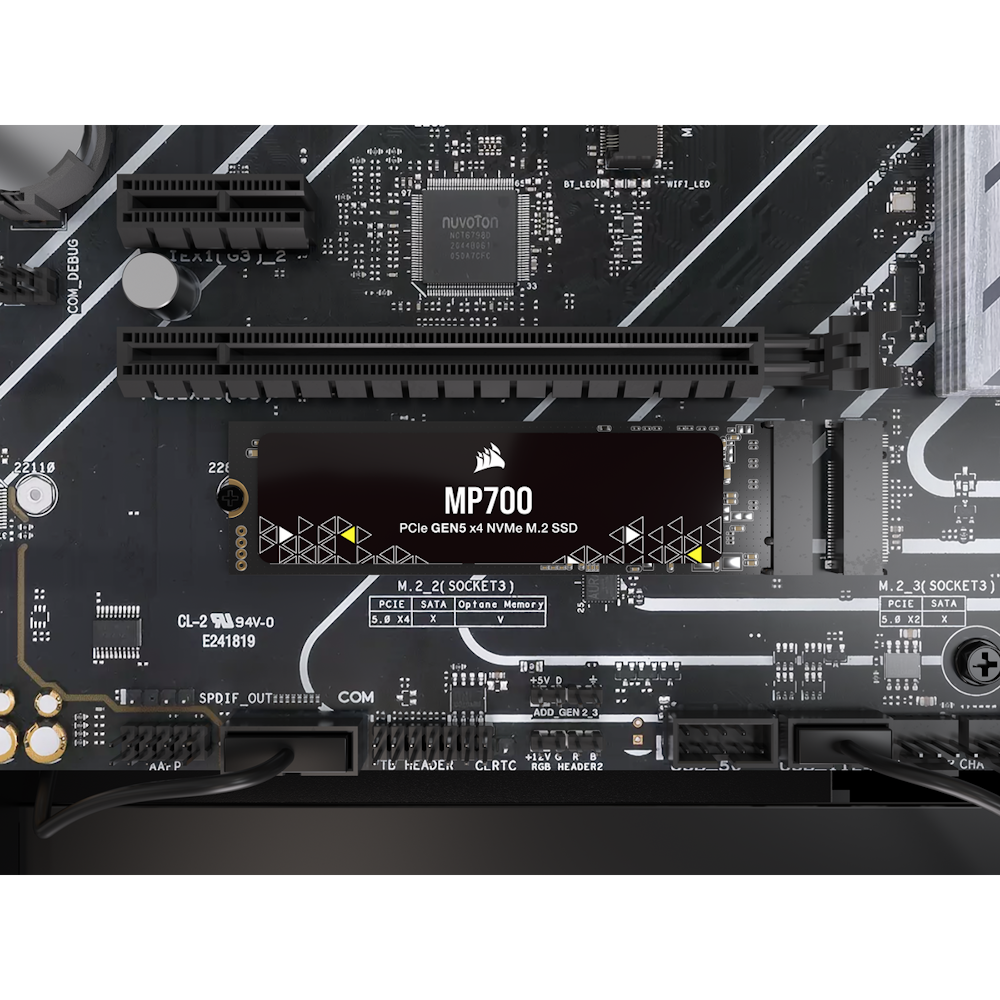 A large main feature product image of Corsair MP700 PCIe Gen5 NVMe M.2 SSD - 1TB