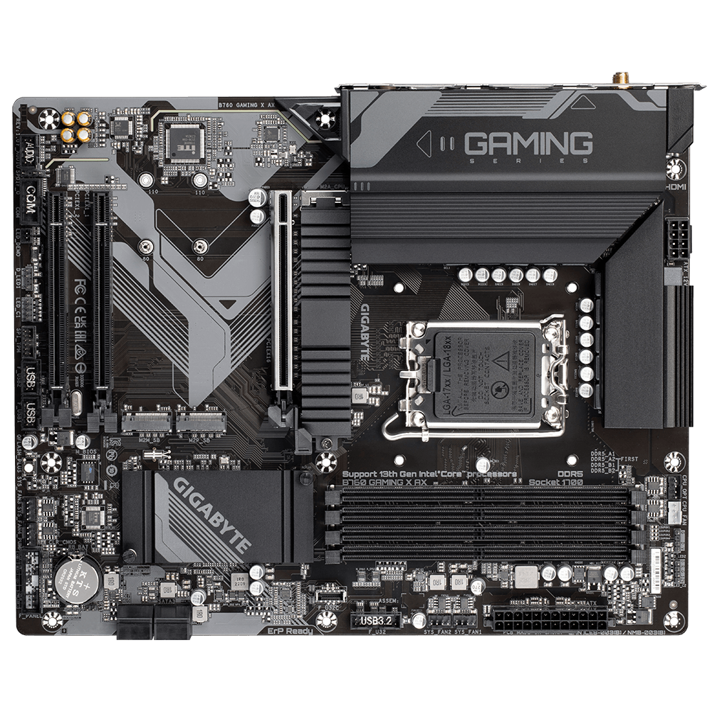 A large main feature product image of Gigabyte B760 Gaming X AX LGA1700 ATX Desktop Motherboard