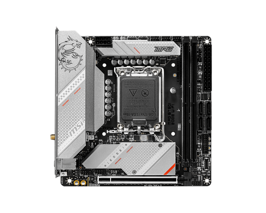 A large main feature product image of MSI MPG B760I Edge WiFi LGA1700 Mini-ITX Desktop Motherboard