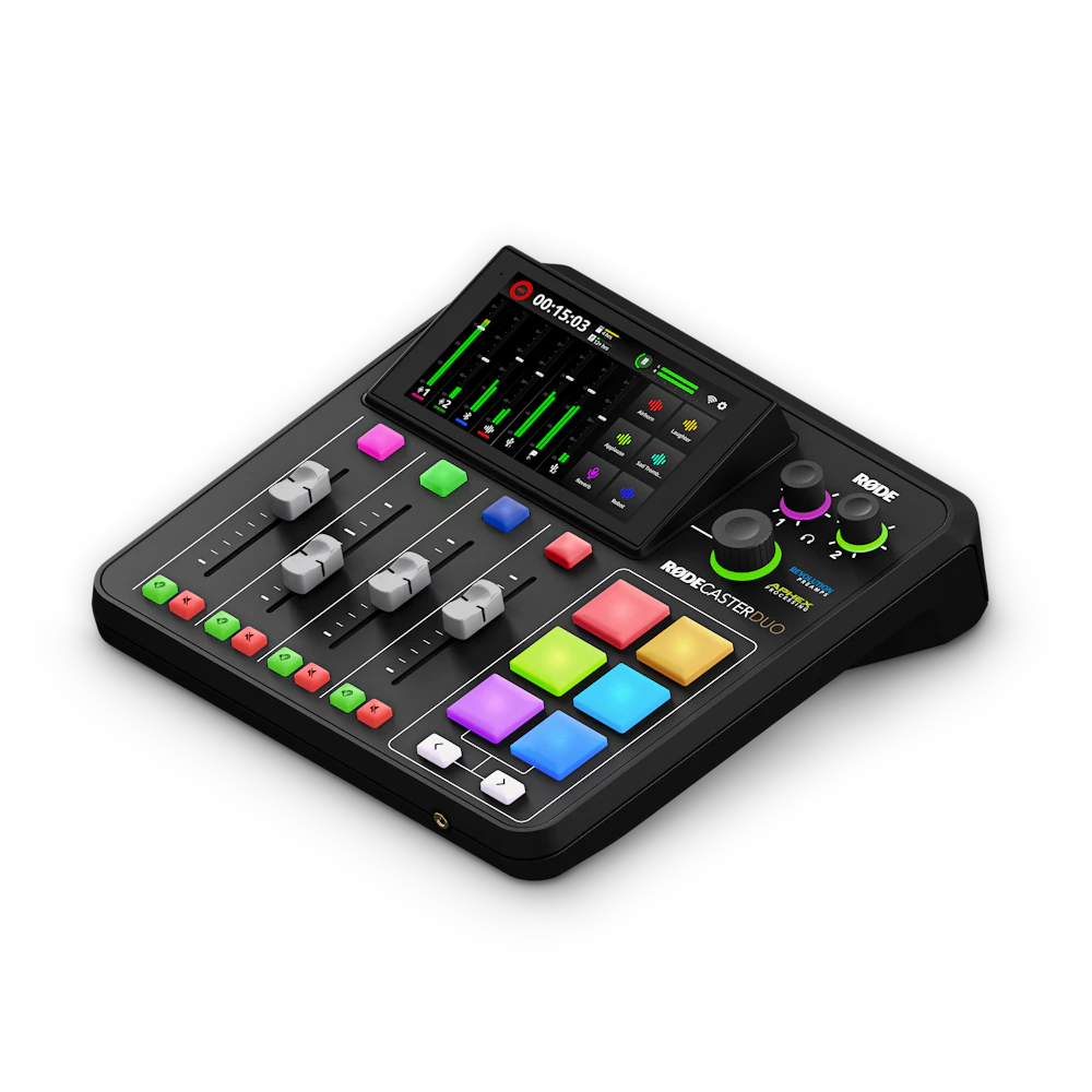 A large main feature product image of RODE RODEcaster Duo - Intergrated Audio Production Studio