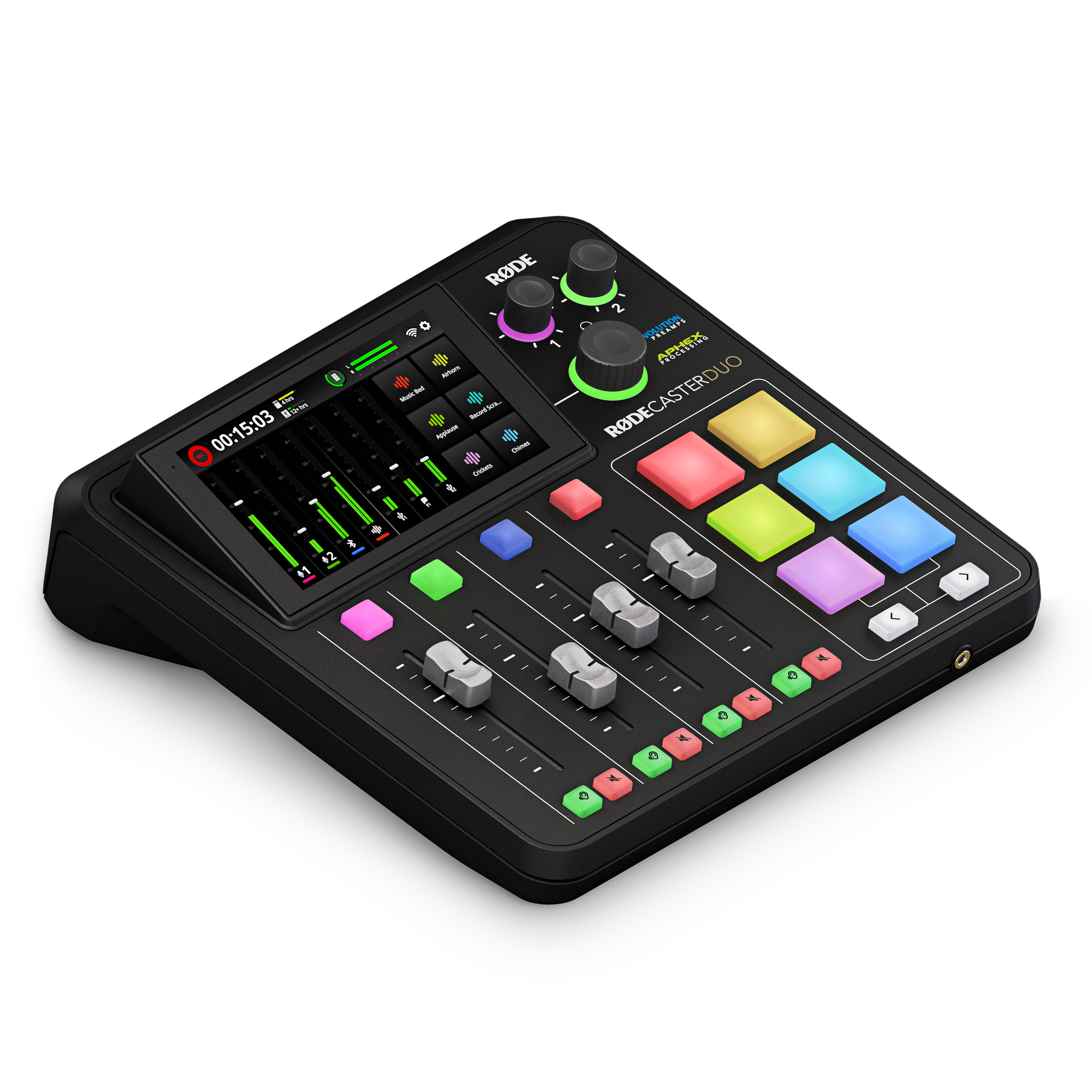 A large main feature product image of RODE RODEcaster Duo - Intergrated Audio Production Studio