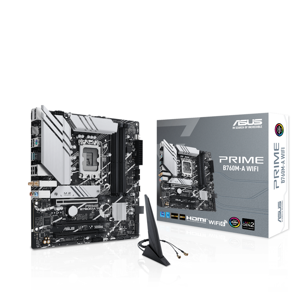 A large main feature product image of ASUS PRIME B760M-A WiFi LGA1700 mATX Desktop Motherboard