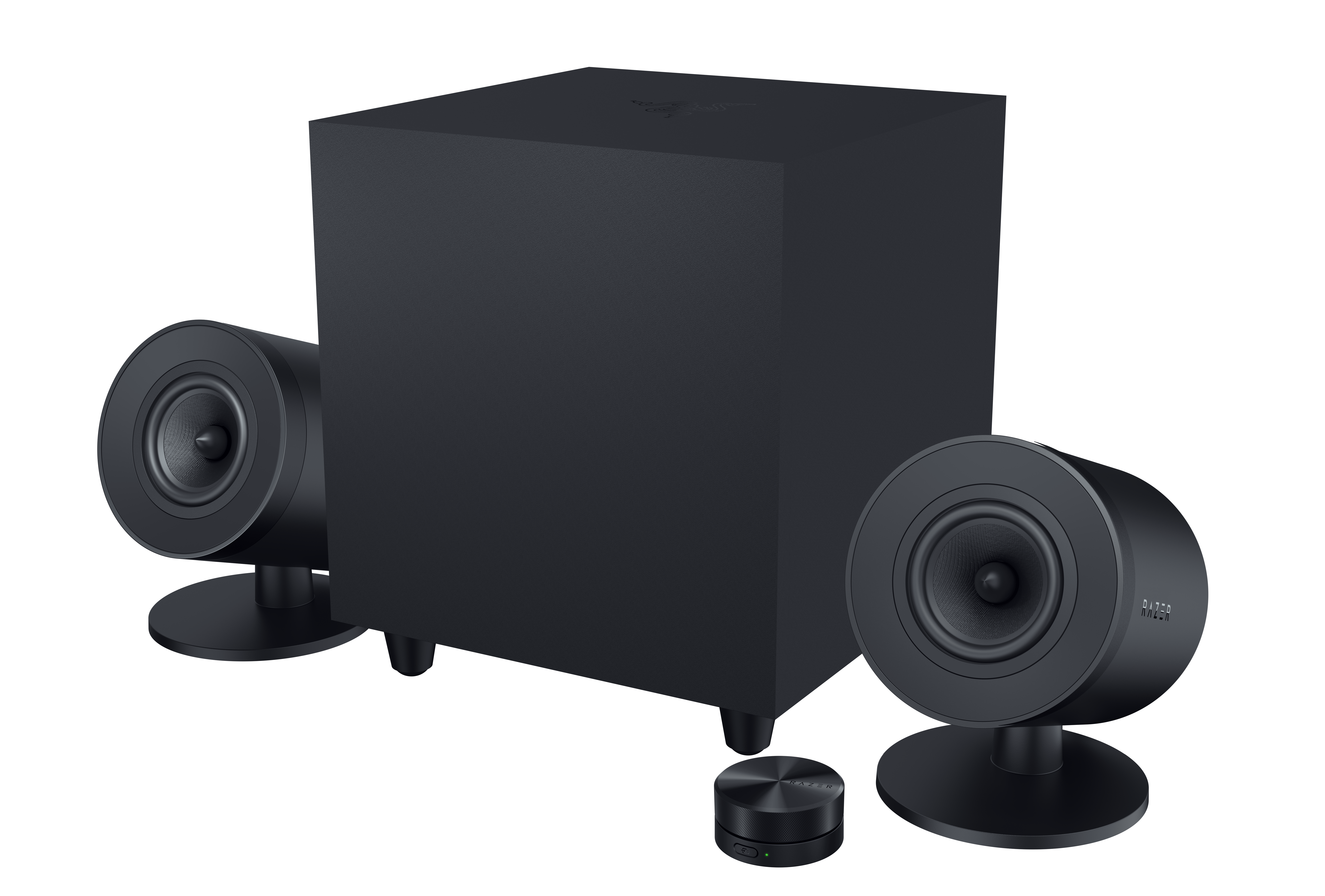 A large main feature product image of Razer Nommo V2 Pro Full-Range 2.1 PC Gaming Speakers with Wireless Subwoofer 