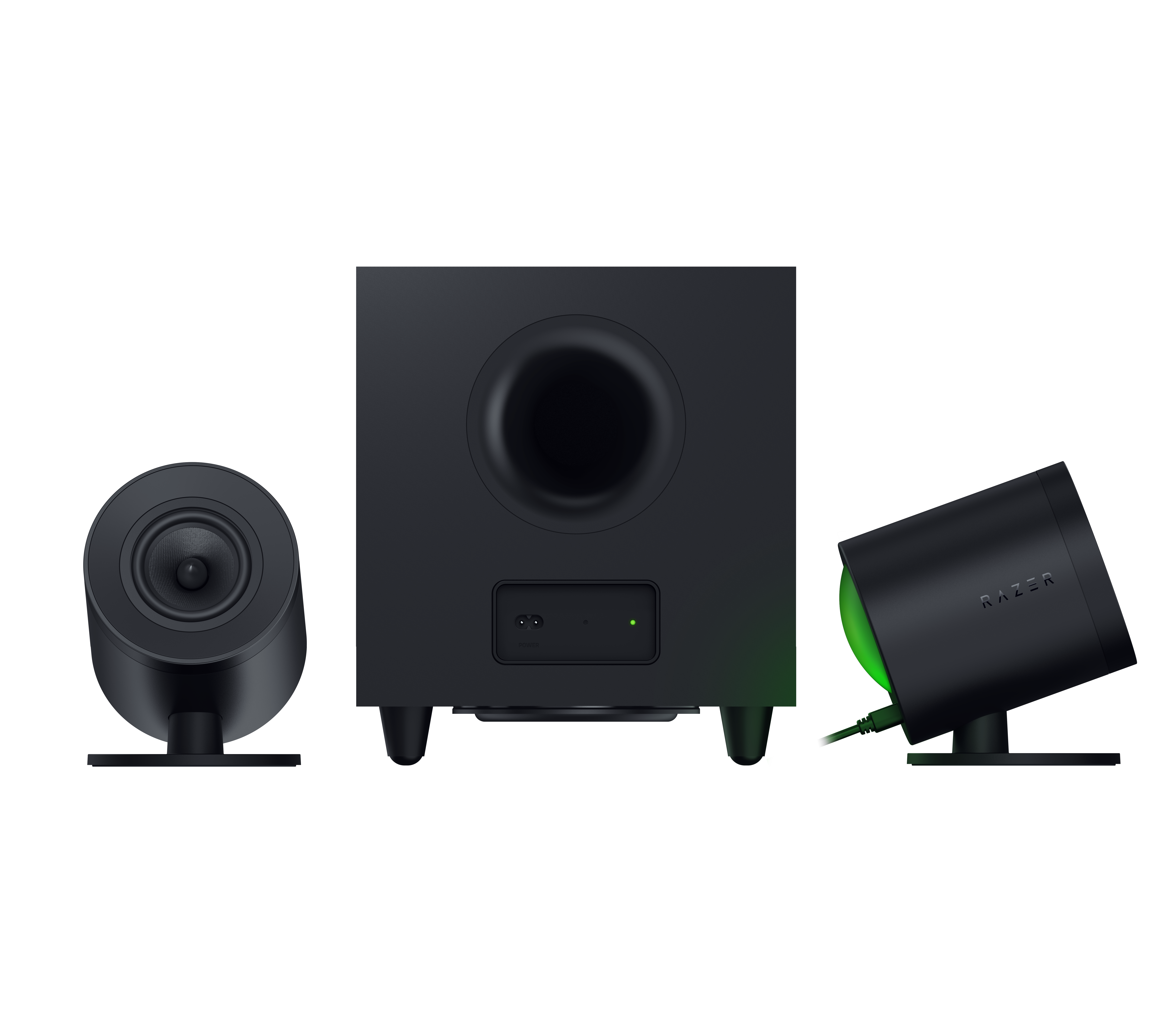 A large main feature product image of Razer Nommo V2 Pro Full-Range 2.1 PC Gaming Speakers with Wireless Subwoofer 