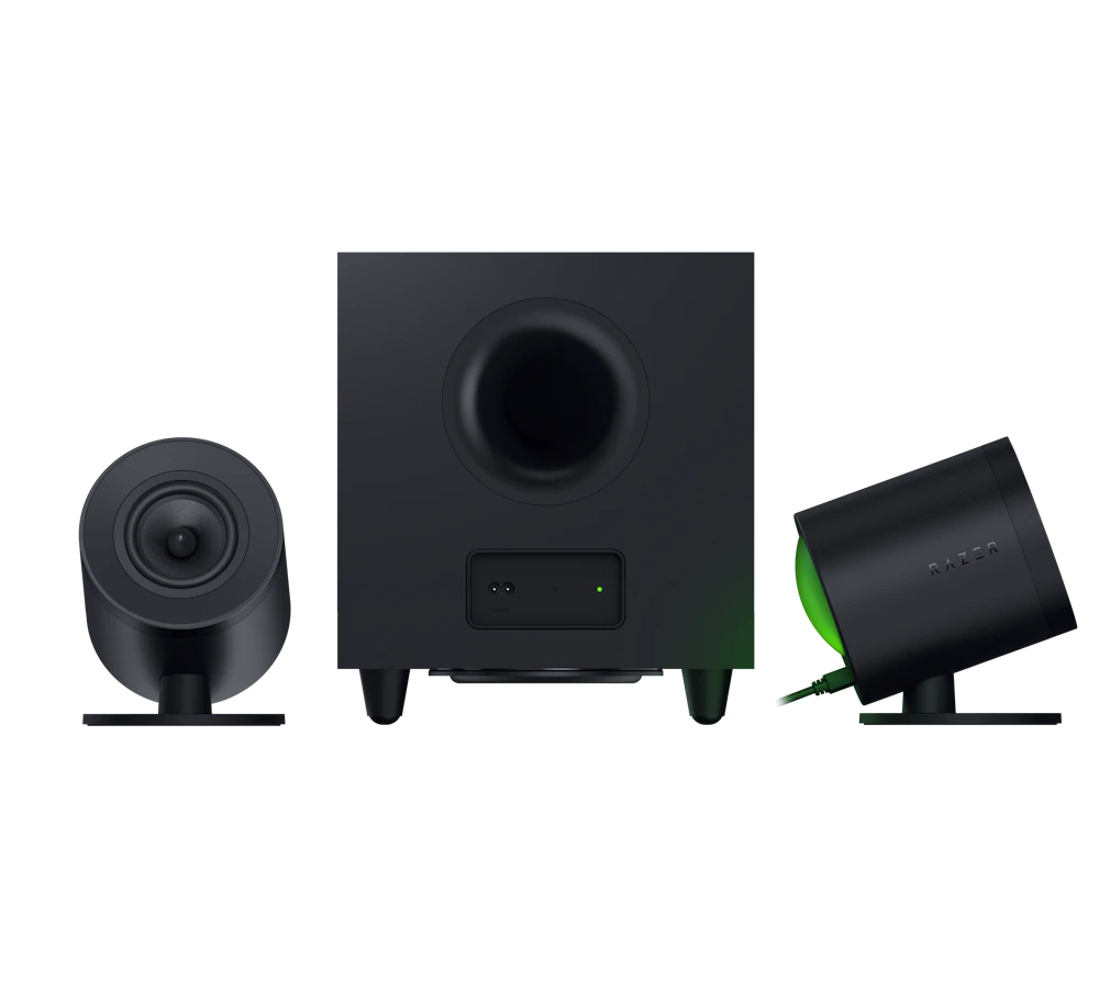 A large main feature product image of Razer Nommo V2 Pro Full-Range 2.1 PC Gaming Speakers with Wireless Subwoofer